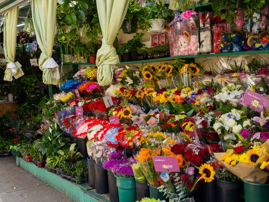 A vibrant flower display outside Flowers Barnsbury showcasing a variety of fresh floral bouquets arranged on a green wooden stand. The arrangement includes sunflowers, white roses, purple and pink blo