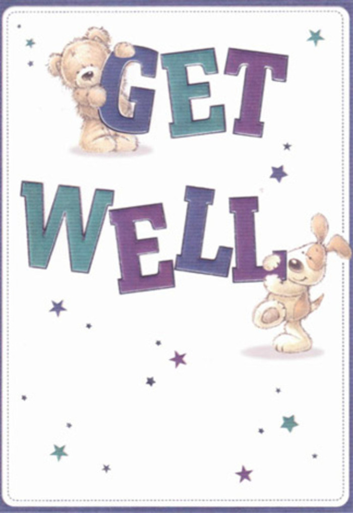 A celebration of encouragement unfolds on this get well card, its friendly illustration capturing the heart of Barnsbury's gentle spirit. A lovable bear and a playful puppy anchor the design, each brimming with bright-eyed curiosity as they hold aloft the words 'Get Well,' shaded in uplifting purples and tranquil aquas. Soft, twinkling stars scattered in the background evoke the image of clear evening skies over Barnsbury Gardens, infusing the artwork with a sense of hope and wonder. The tactile nature of their illustrated fur-the downy bear's comforting plush, the puppy's velvety ears-suggests a heartfelt embrace, the kind that neighbours often share on a Sunday in Astey's Row. The bold, curving letters radiate confidence and care, rooted in the tradition of crafting arrangements meant to lift a loved one's spirits. The white background is luminous, giving every detail an airy quality, symbolic of the community's welcoming openness. As a florist, I see in this card the same deliberate tenderness as in a bespoke bouquet; each star, like every flower, carefully chosen to brighten difficult days. Together, image and message make a perfect pair-offering resilience and warmth, as if gifted from the heart of Barnsbury itself.